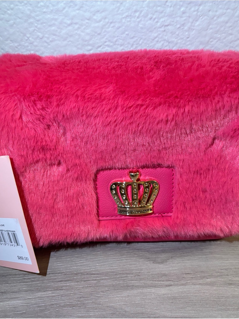 Juicy Couture Hot Pink Faux Fur Crossbody with Gold Crown Emblem